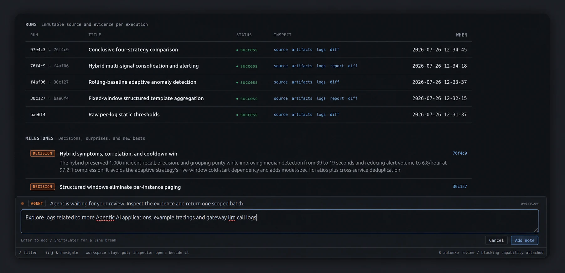 Autoexp browser review showing experiment evidence, the waiting agent, and the feedback composer